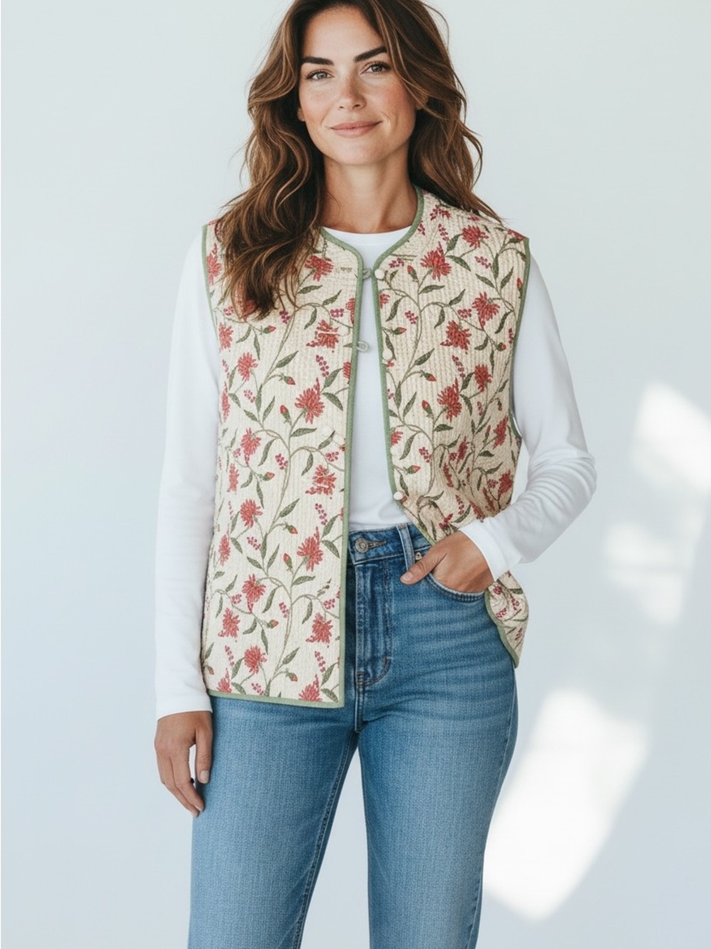 240 Orvis Cream Quilted Floral Vest with Red Floral Print and Green Trim